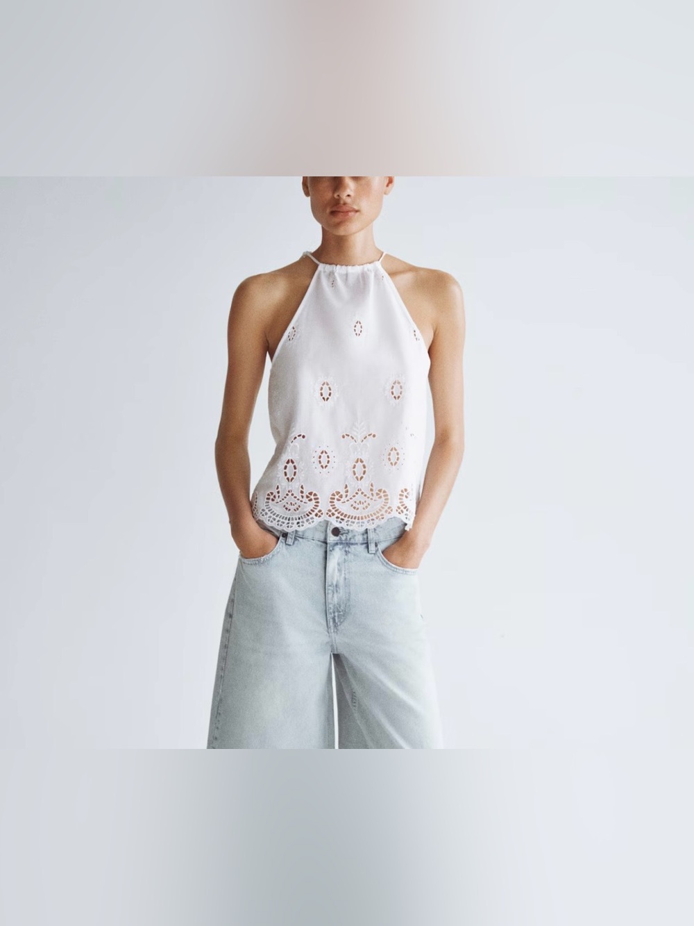 H&M Eyelet Embroidered Top With Tie Shoulder Straps White Women's Top, Size XS